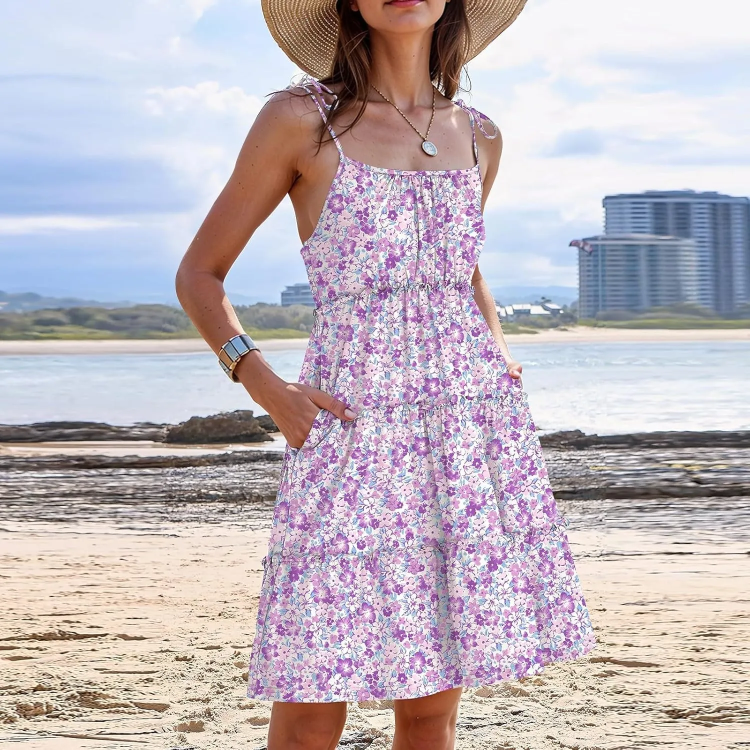 Cute Summer Dresses for Women 2025 Tiered A Line Floral Mini Dress Spaghetti Strap Boho Flowy Short Vacation Sundress