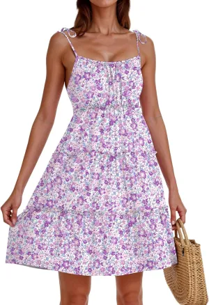 Cute Summer Dresses for Women 2025 Tiered A Line Floral Mini Dress Spaghetti Strap Boho Flowy Short Vacation Sundress