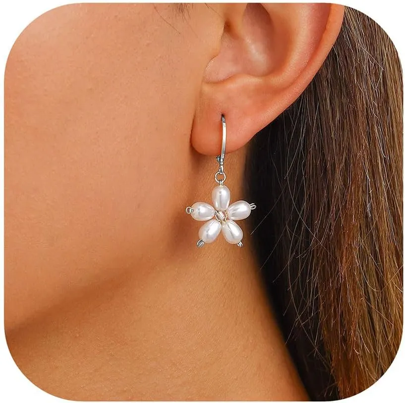 Dangle Pearl Handmade Flower Hoop Earrings For Women Trendy Drop Danity Wedding Charm Earring For Brides 14K Gold Huggie Statement Jewelry Gift