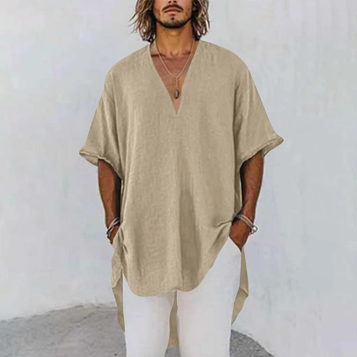 Deep V Cotton Linen Shirts for Men 2025 Summer Tops Loose Short Sleeve T Shirt Casual Oversized Beach Tee Shirts
