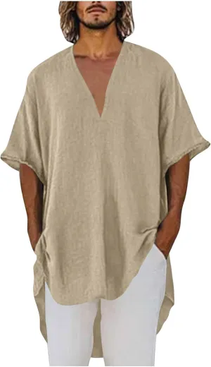 Deep V Cotton Linen Shirts for Men 2025 Summer Tops Loose Short Sleeve T Shirt Casual Oversized Beach Tee Shirts