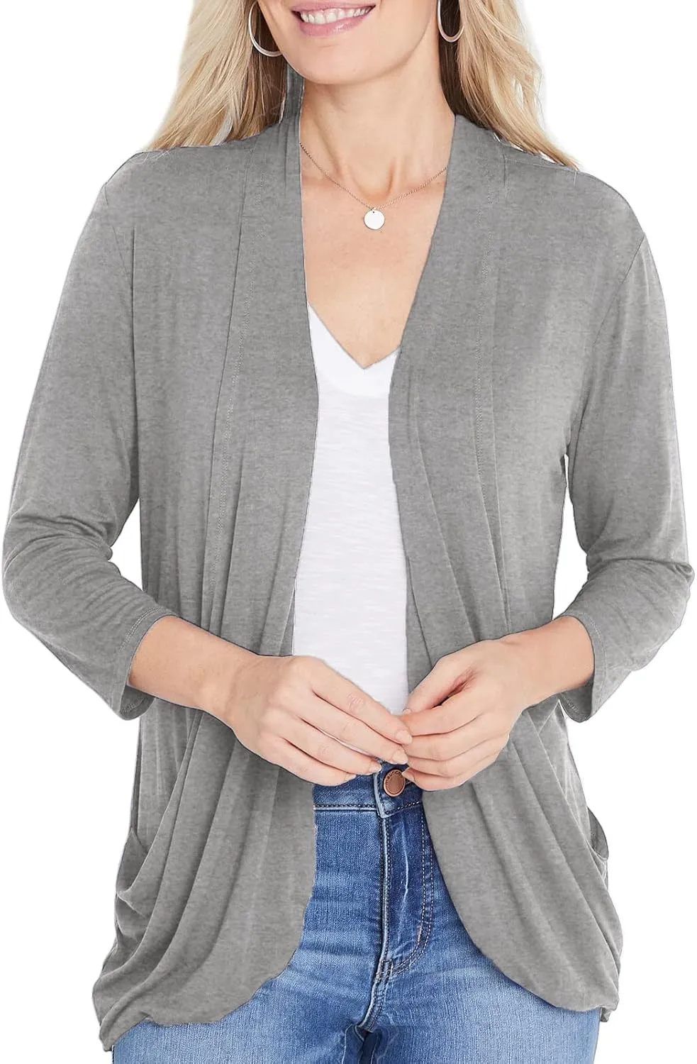 DEESHA Women Casual Lightweight Cardigan 3/4 Sleeve Draped Open Front Soft Cardigans with Pockets