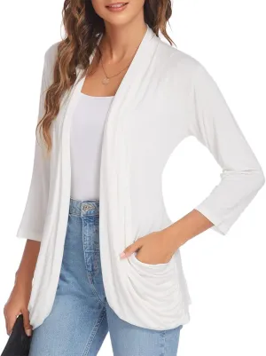 DEESHA Women Casual Lightweight Cardigan 3/4 Sleeve Draped Open Front Soft Cardigans with Pockets