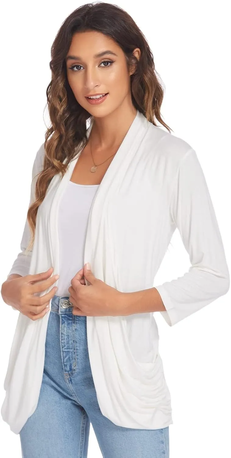 DEESHA Women Casual Lightweight Cardigan 3/4 Sleeve Draped Open Front Soft Cardigans with Pockets