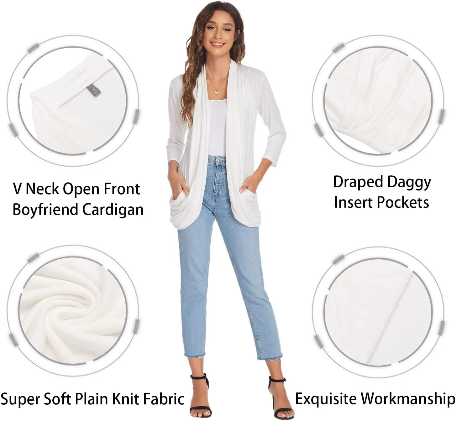 DEESHA Women Casual Lightweight Cardigan 3/4 Sleeve Draped Open Front Soft Cardigans with Pockets