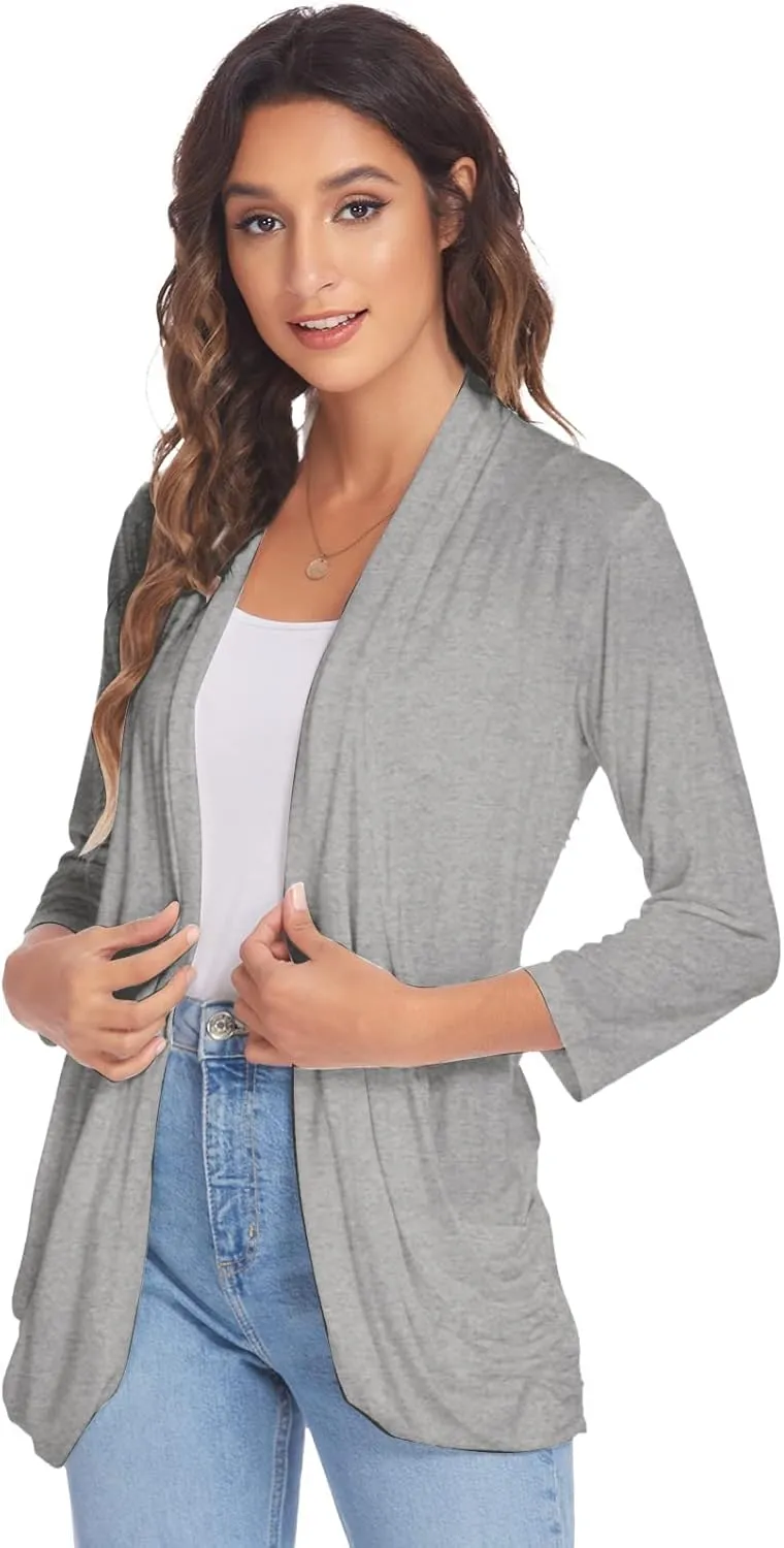 DEESHA Women Casual Lightweight Cardigan 3/4 Sleeve Draped Open Front Soft Cardigans with Pockets