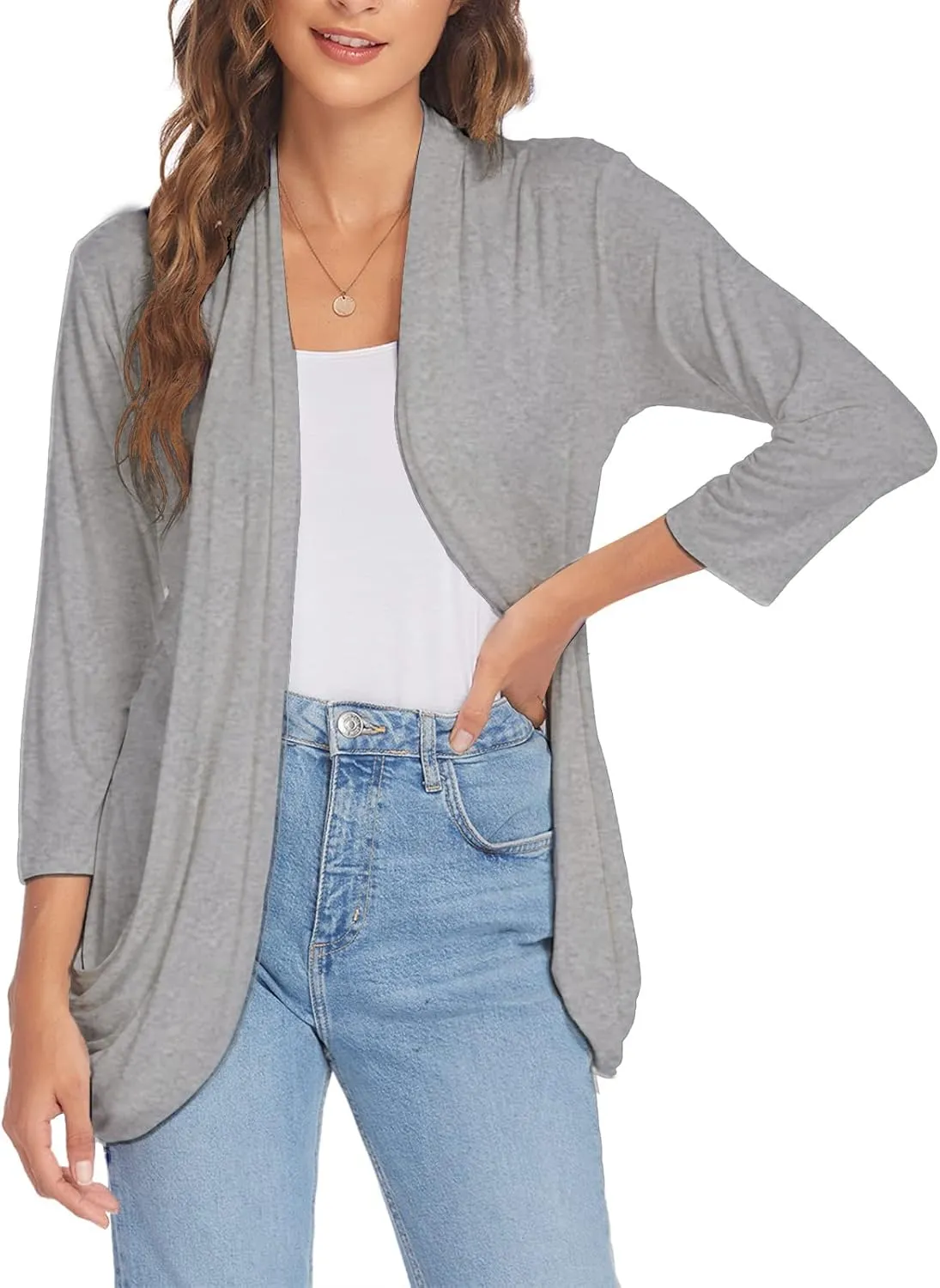 DEESHA Women Casual Lightweight Cardigan 3/4 Sleeve Draped Open Front Soft Cardigans with Pockets