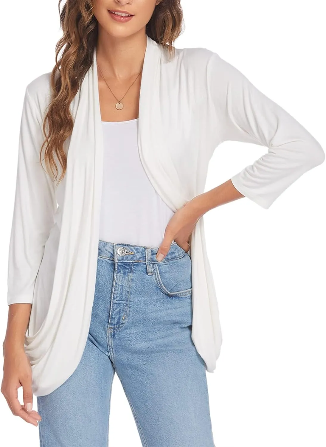 DEESHA Women Casual Lightweight Cardigan 3/4 Sleeve Draped Open Front Soft Cardigans with Pockets
