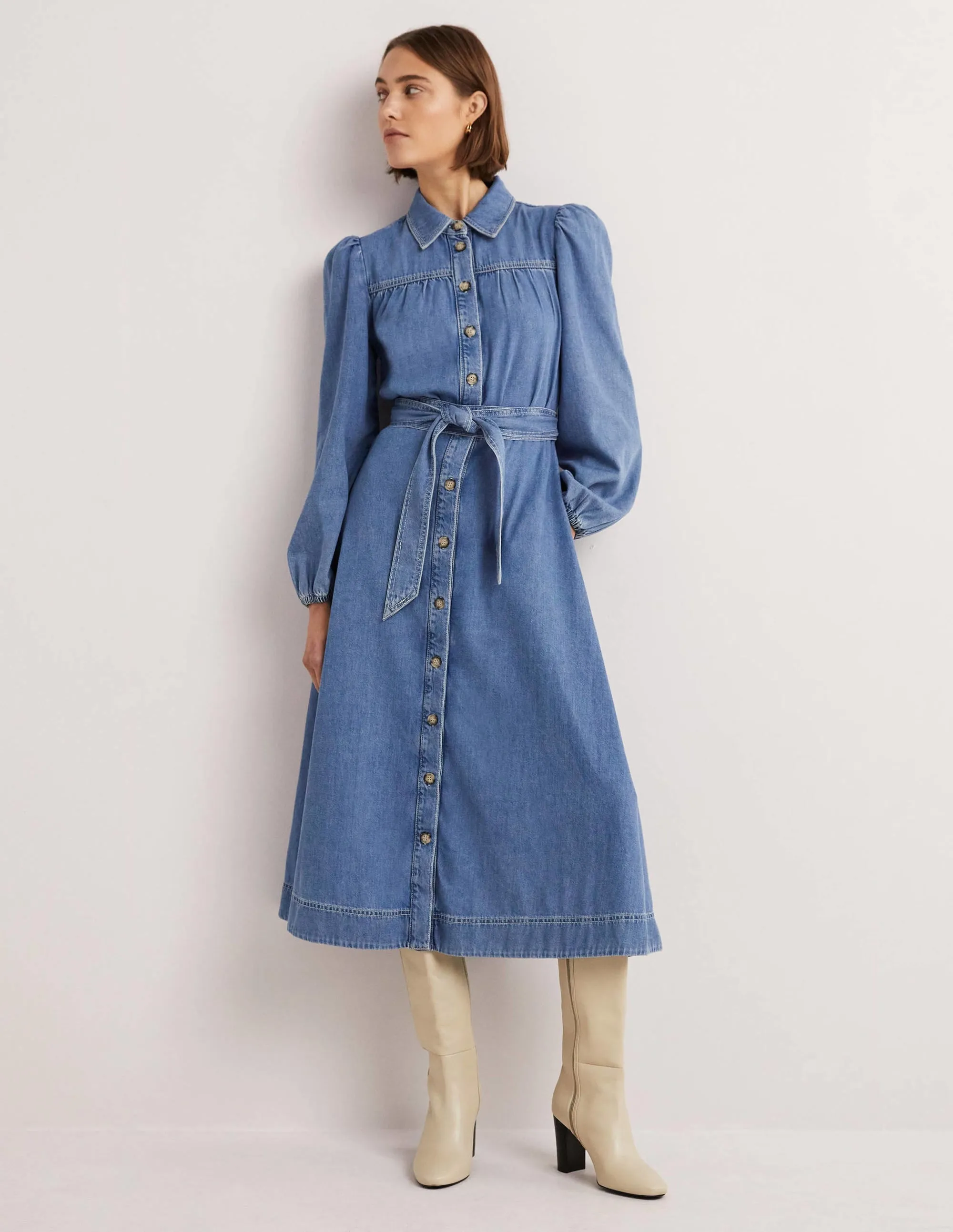 Denim Midi Shirt Dress-Light Denim