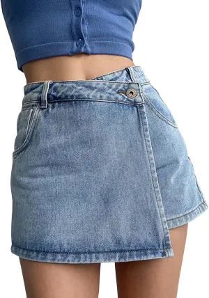 Denim Skort for Women Casual Wrap Button Asymmetrical Summer Denim Skirt High Waisted Pull On Stretchy Denim Shorts