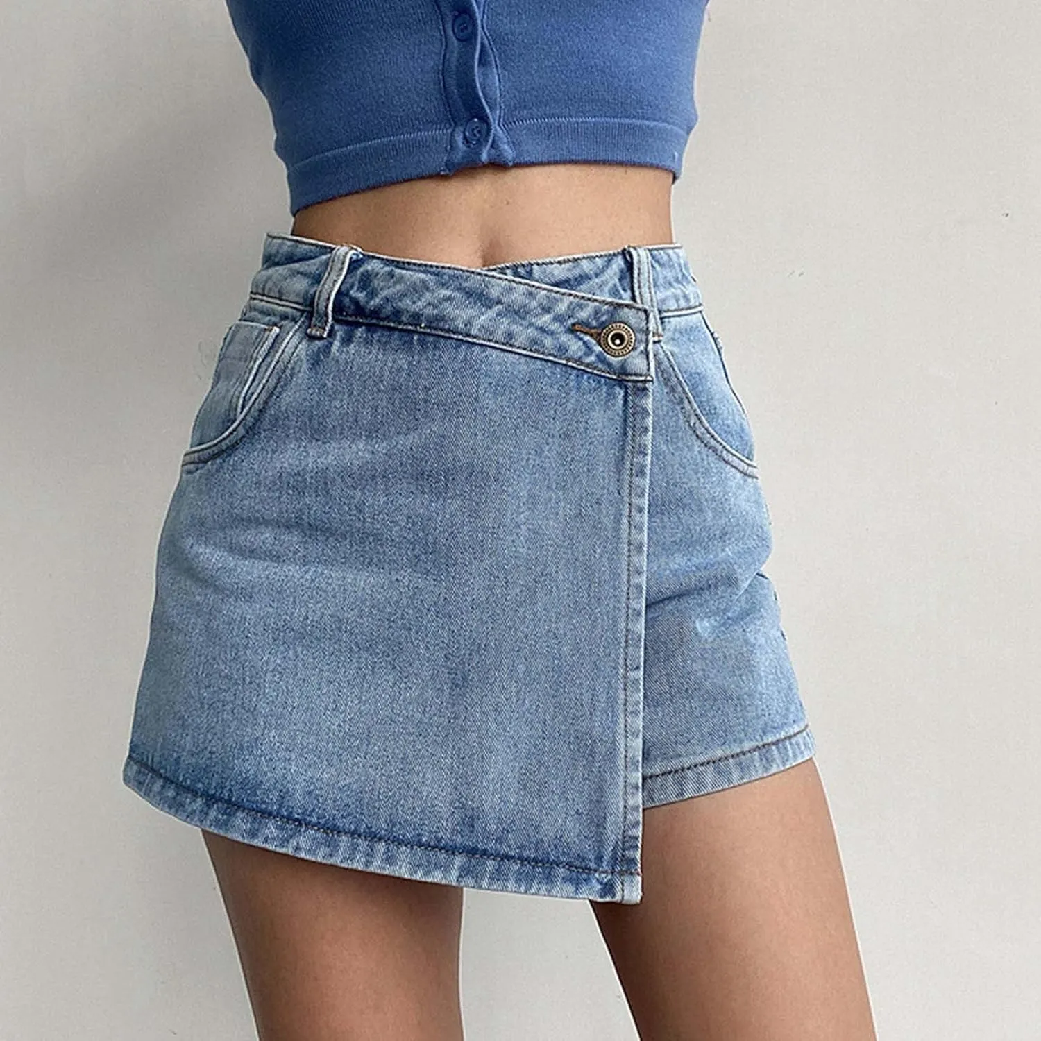 Denim Skort for Women Casual Wrap Button Asymmetrical Summer Denim Skirt High Waisted Pull On Stretchy Denim Shorts