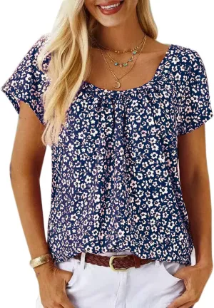 Ditsy Floral Casual T Shirts Women Boho Floral Ruffled Tops Summer Short Sleeve Soft Dressy Chiffon Blouses Loose Tees