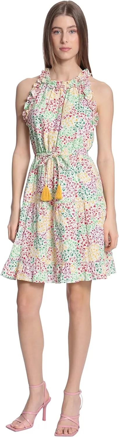 Donna Morgan Women's Mini Floral Printed Ruffle Neck and Armhole Dress with Contrast Tassel Trim