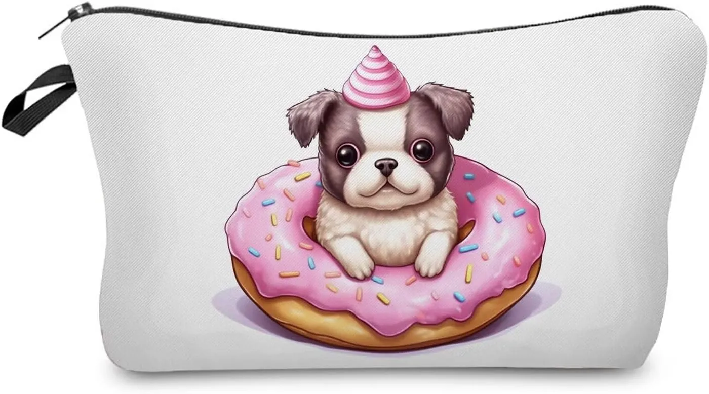 Donut Puppy Makeup Bag Cute Small Organizer Zipper Pouch Donut Puppy Cosmetic Bag Birthday Present for Women Friends -1