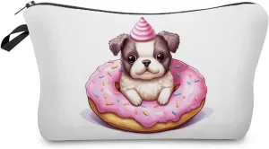 Donut Puppy Makeup Bag Cute Small Organizer Zipper Pouch Donut Puppy Cosmetic Bag Birthday Present for Women Friends -1