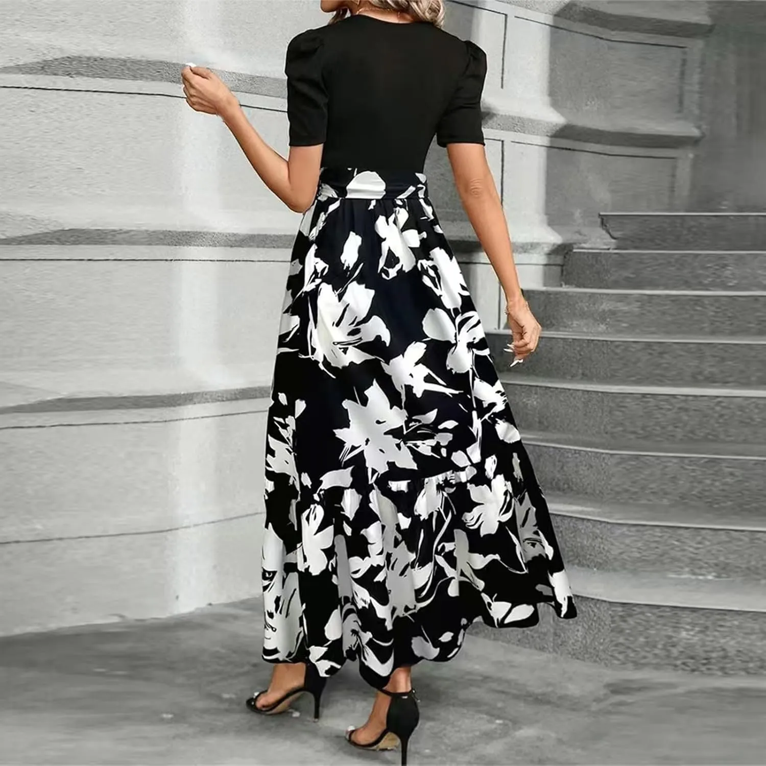 DOPOCQ Plus Size Dresses for Curvy Women Trendy Floral Print Short Sleeve Sundress Summer Ruffle Cocktail Dress with Belt