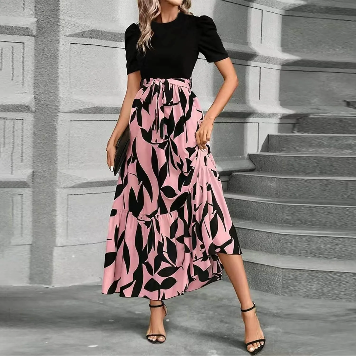 DOPOCQ Plus Size Dresses for Curvy Women Trendy Floral Print Short Sleeve Sundress Summer Ruffle Cocktail Dress with Belt
