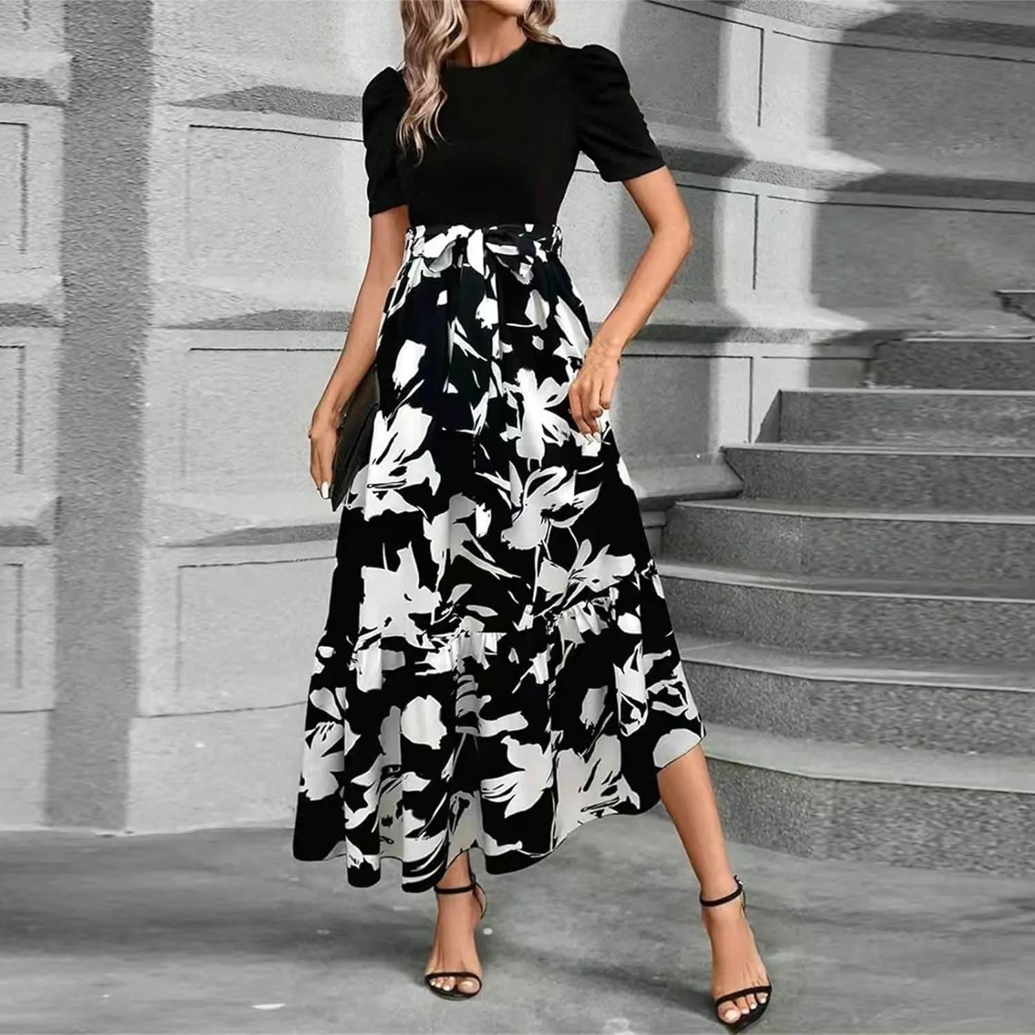 DOPOCQ Plus Size Dresses for Curvy Women Trendy Floral Print Short Sleeve Sundress Summer Ruffle Cocktail Dress with Belt