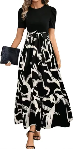 DOPOCQ Plus Size Dresses for Curvy Women Trendy Floral Print Short Sleeve Sundress Summer Ruffle Cocktail Dress with Belt