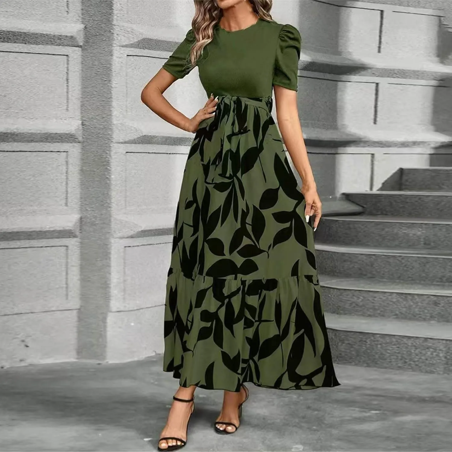 DOPOCQ Plus Size Dresses for Curvy Women Trendy Floral Print Short Sleeve Sundress Summer Ruffle Cocktail Dress with Belt
