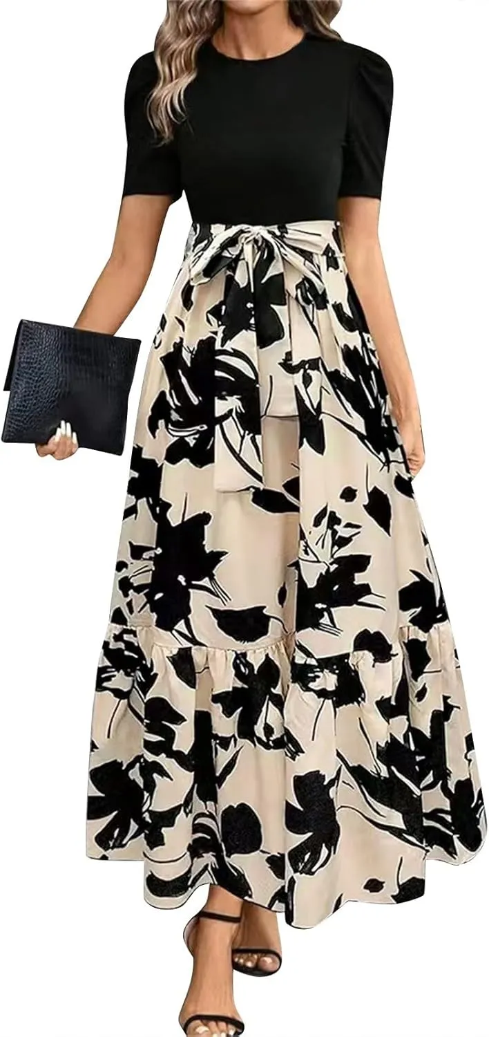 DOPOCQ Plus Size Dresses for Curvy Women Trendy Floral Print Short Sleeve Sundress Summer Ruffle Cocktail Dress with Belt