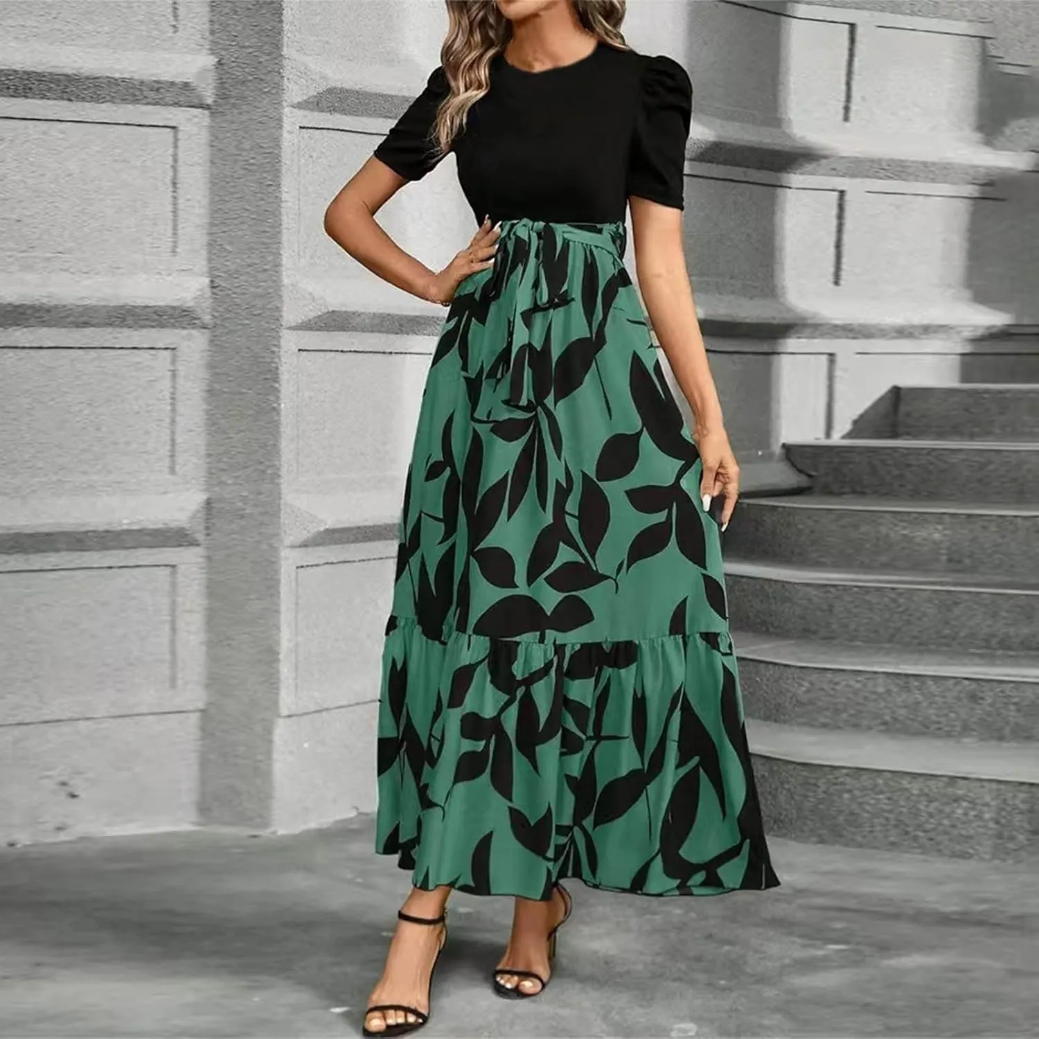 DOPOCQ Plus Size Dresses for Curvy Women Trendy Floral Print Short Sleeve Sundress Summer Ruffle Cocktail Dress with Belt
