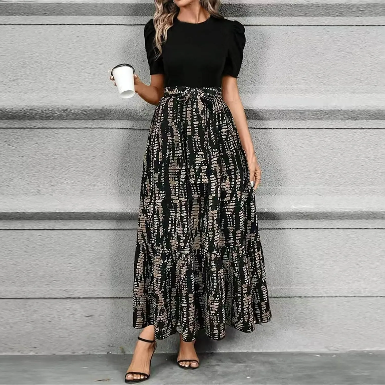DOPOCQ Plus Size Dresses for Curvy Women Trendy Floral Print Short Sleeve Sundress Summer Ruffle Cocktail Dress with Belt