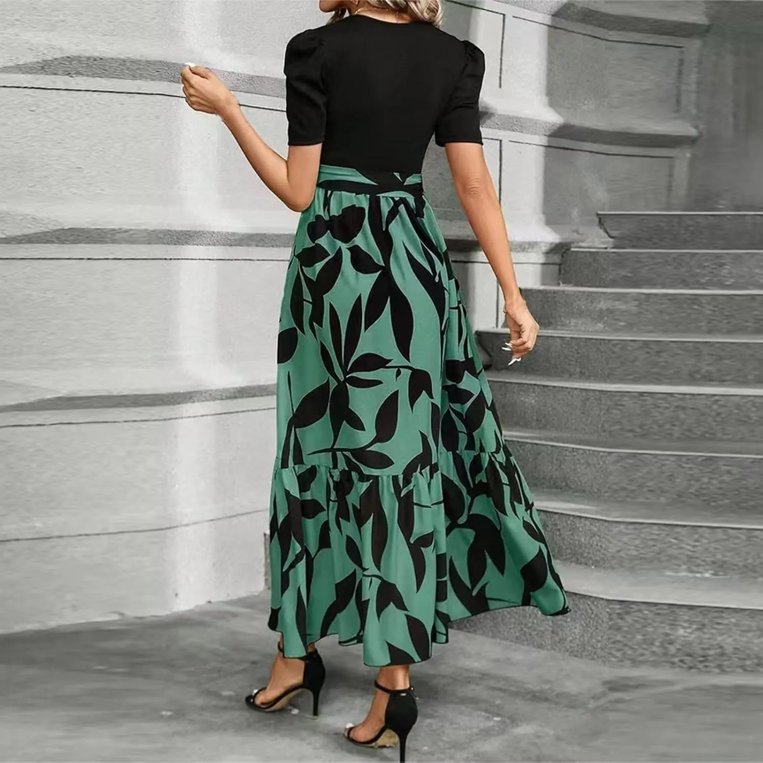 DOPOCQ Plus Size Dresses for Curvy Women Trendy Floral Print Short Sleeve Sundress Summer Ruffle Cocktail Dress with Belt
