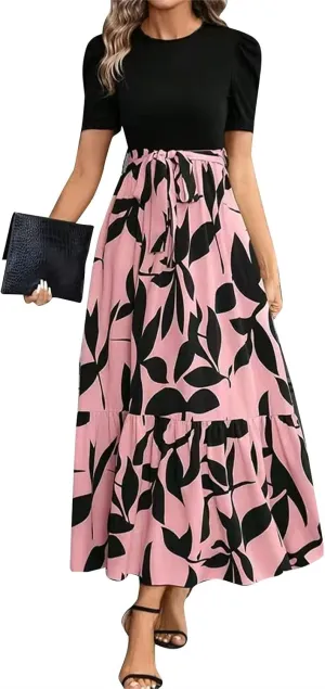 DOPOCQ Plus Size Dresses for Curvy Women Trendy Floral Print Short Sleeve Sundress Summer Ruffle Cocktail Dress with Belt