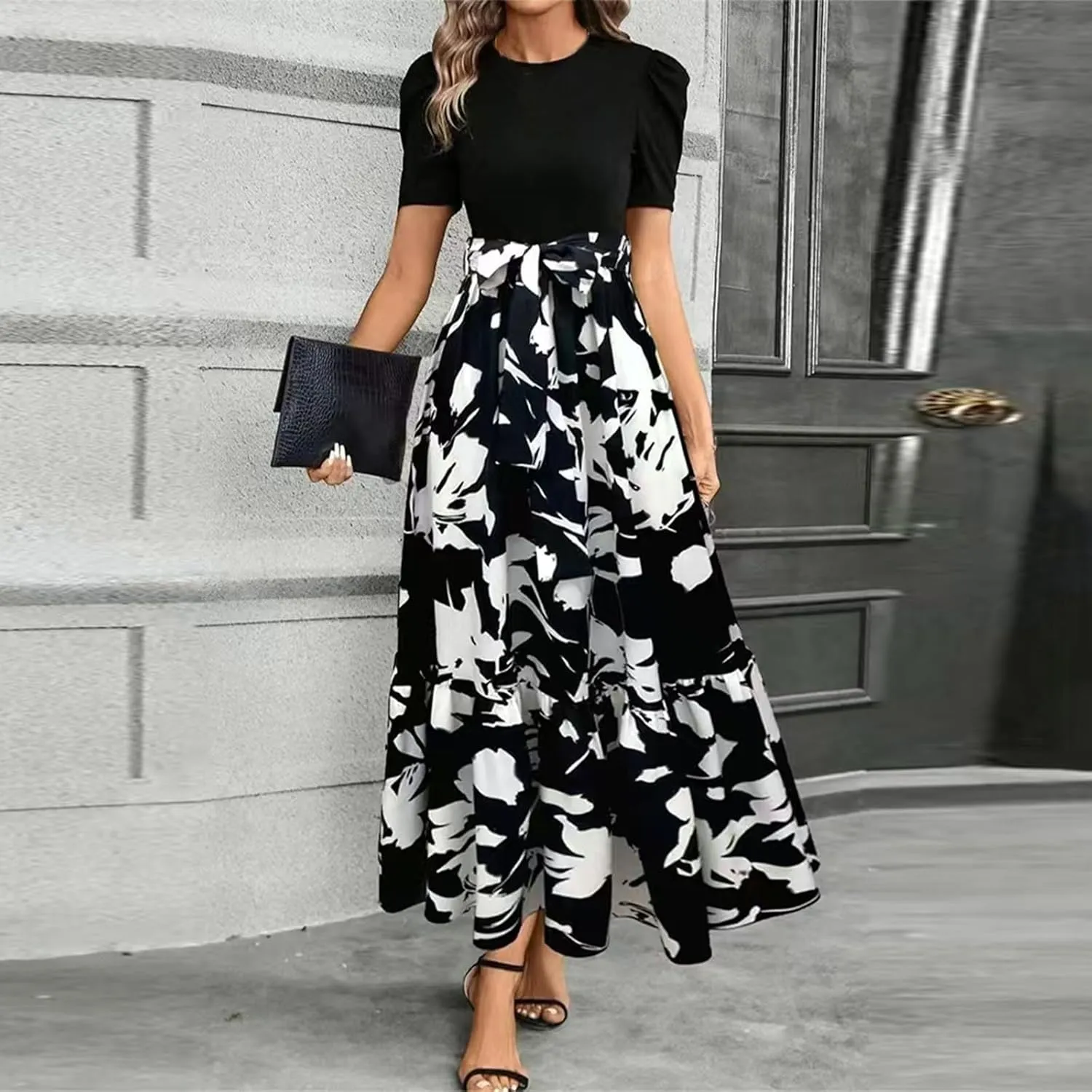 DOPOCQ Plus Size Dresses for Curvy Women Trendy Floral Print Short Sleeve Sundress Summer Ruffle Cocktail Dress with Belt