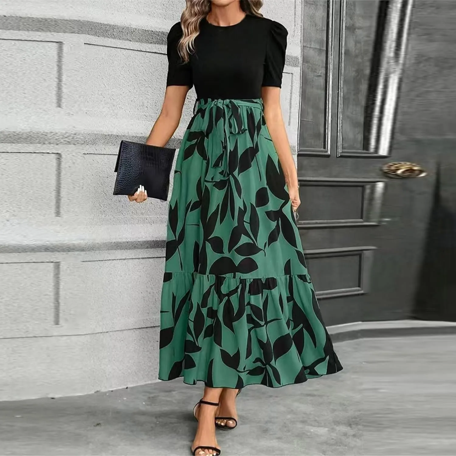 DOPOCQ Plus Size Dresses for Curvy Women Trendy Floral Print Short Sleeve Sundress Summer Ruffle Cocktail Dress with Belt