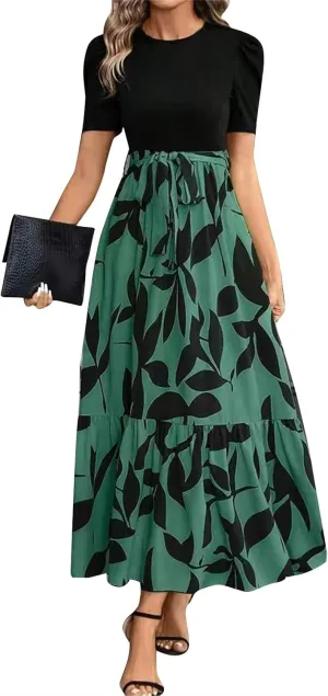 DOPOCQ Plus Size Dresses for Curvy Women Trendy Floral Print Short Sleeve Sundress Summer Ruffle Cocktail Dress with Belt