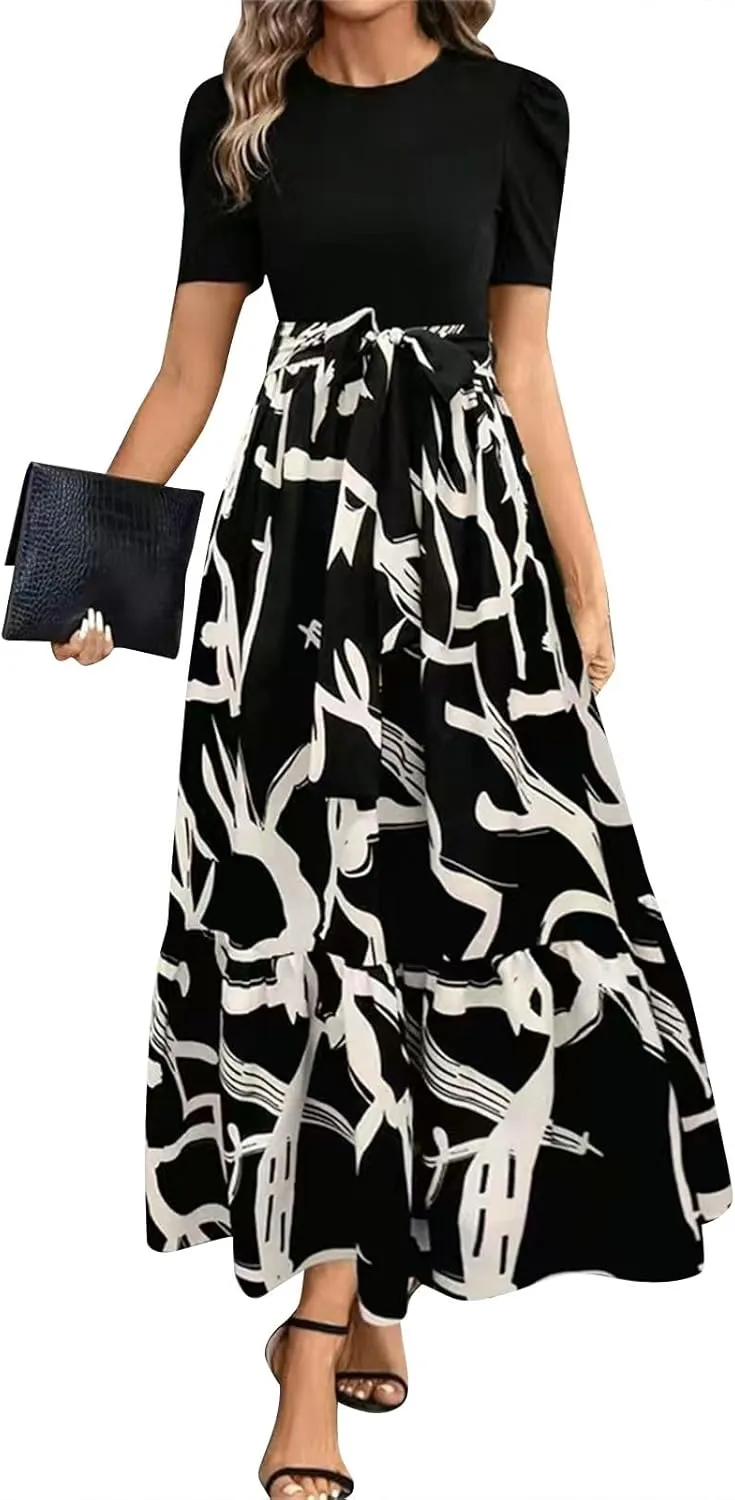 DOPOCQ Plus Size Dresses for Curvy Women Trendy Floral Print Short Sleeve Sundress Summer Ruffle Cocktail Dress with Belt