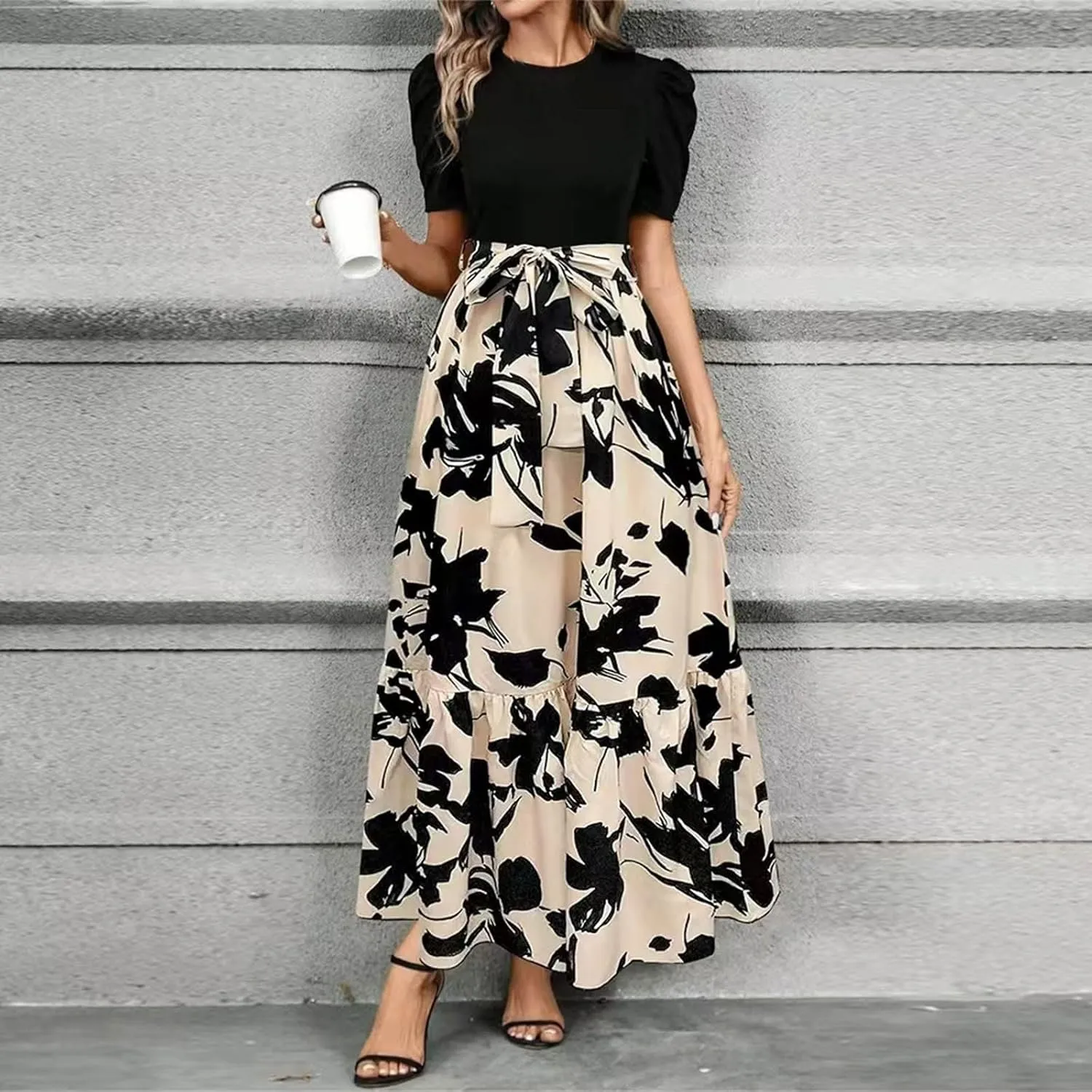 DOPOCQ Plus Size Dresses for Curvy Women Trendy Floral Print Short Sleeve Sundress Summer Ruffle Cocktail Dress with Belt