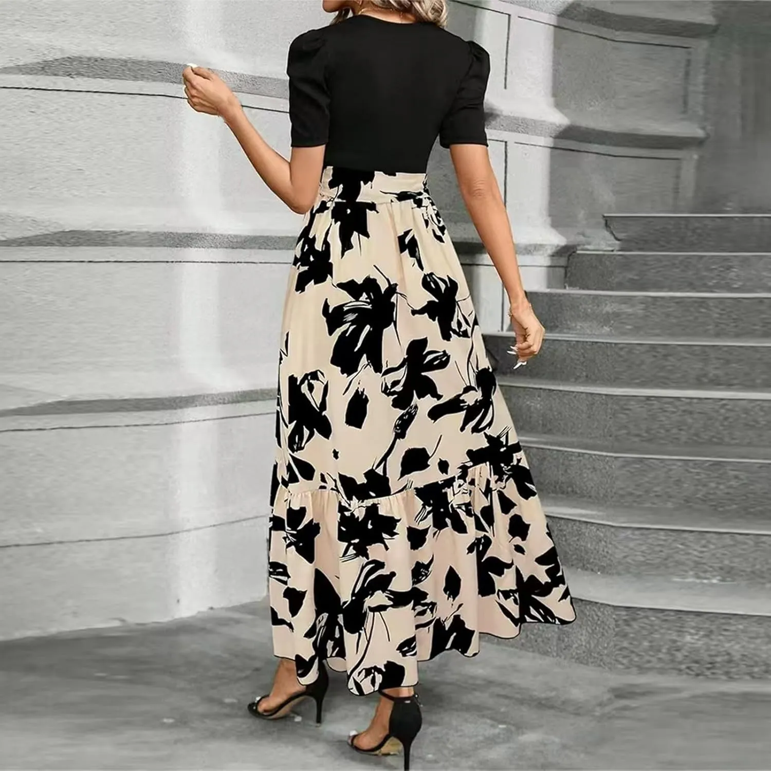 DOPOCQ Plus Size Dresses for Curvy Women Trendy Floral Print Short Sleeve Sundress Summer Ruffle Cocktail Dress with Belt