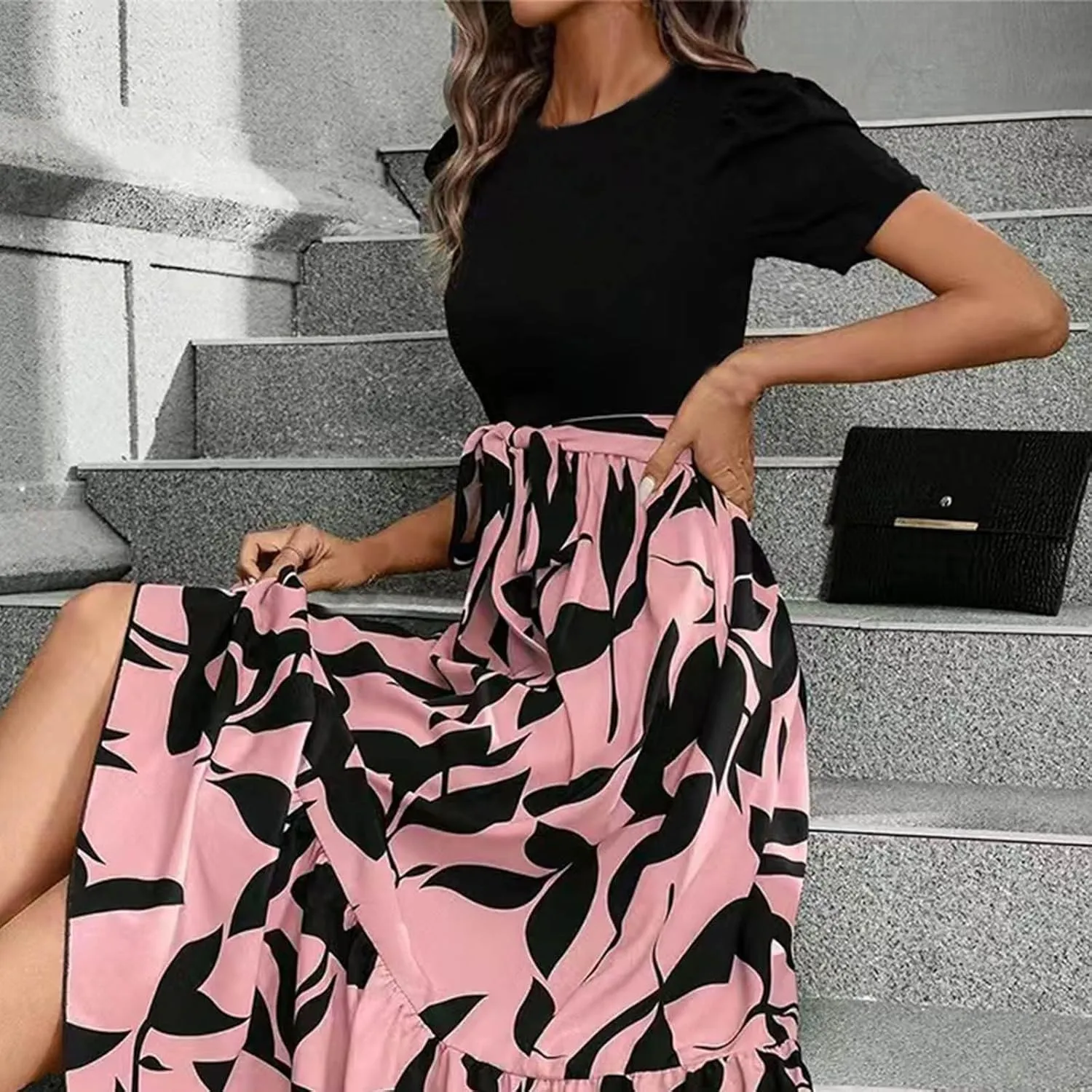 DOPOCQ Plus Size Dresses for Curvy Women Trendy Floral Print Short Sleeve Sundress Summer Ruffle Cocktail Dress with Belt