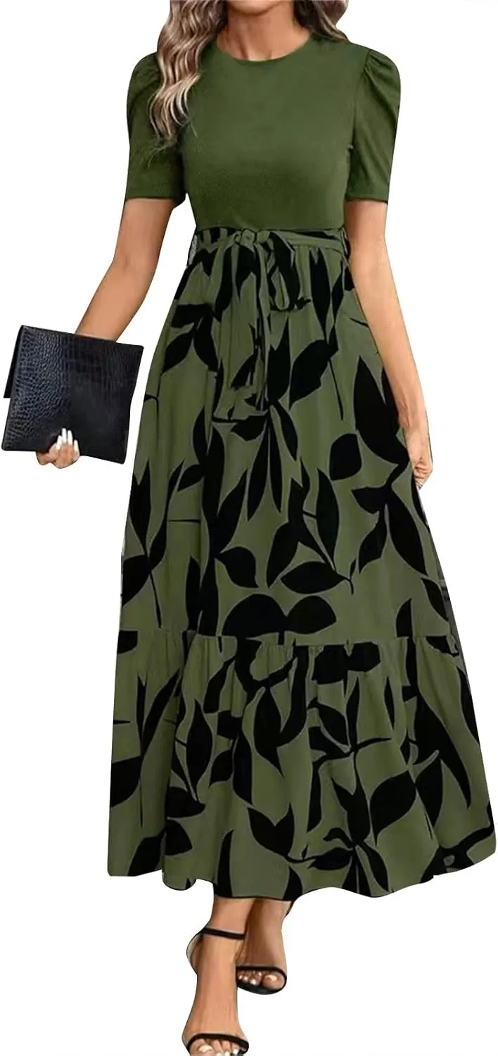 DOPOCQ Plus Size Dresses for Curvy Women Trendy Floral Print Short Sleeve Sundress Summer Ruffle Cocktail Dress with Belt