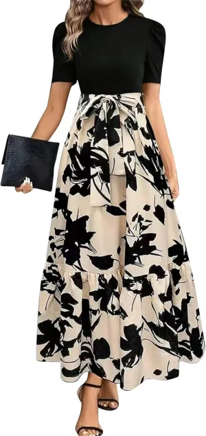 DOPOCQ Plus Size Dresses for Curvy Women Trendy Floral Print Short Sleeve Sundress Summer Ruffle Cocktail Dress with Belt
