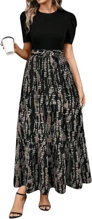 DOPOCQ Plus Size Dresses for Curvy Women Trendy Floral Print Short Sleeve Sundress Summer Ruffle Cocktail Dress with Belt
