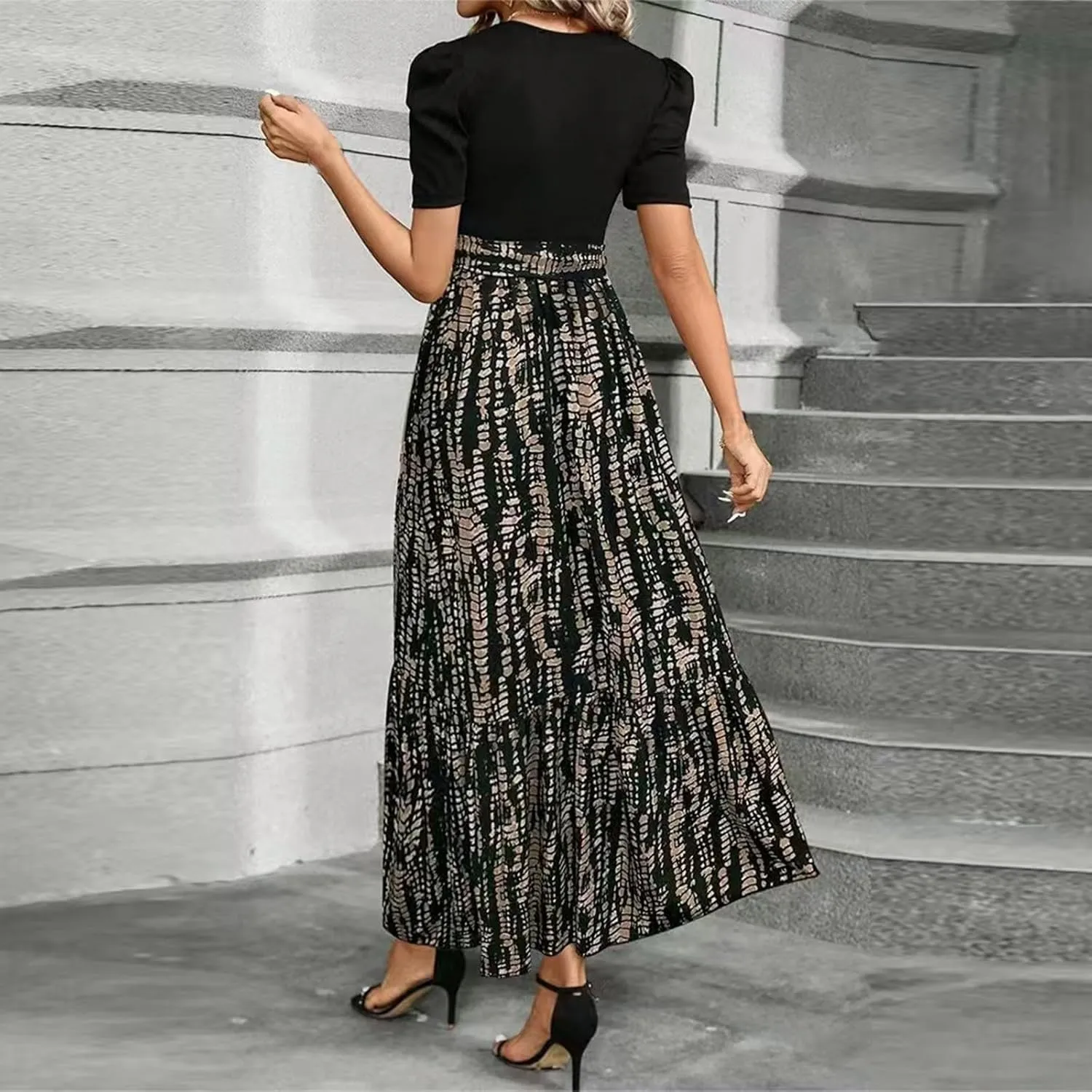 DOPOCQ Plus Size Dresses for Curvy Women Trendy Floral Print Short Sleeve Sundress Summer Ruffle Cocktail Dress with Belt