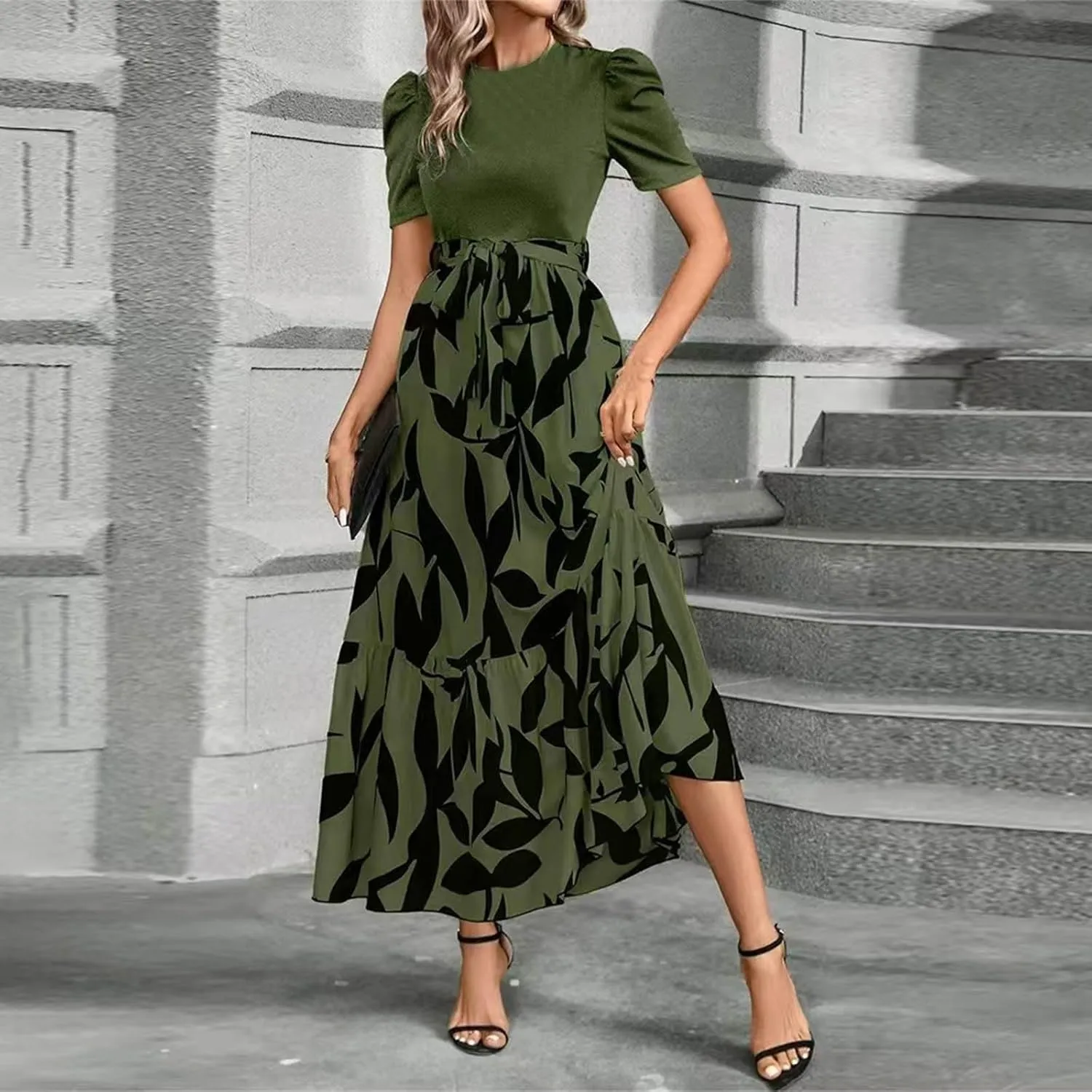 DOPOCQ Plus Size Dresses for Curvy Women Trendy Floral Print Short Sleeve Sundress Summer Ruffle Cocktail Dress with Belt