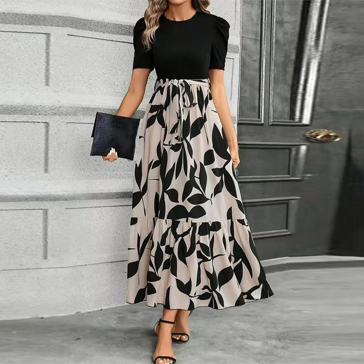 DOPOCQ Plus Size Dresses for Curvy Women Trendy Floral Print Short Sleeve Sundress Summer Ruffle Cocktail Dress with Belt