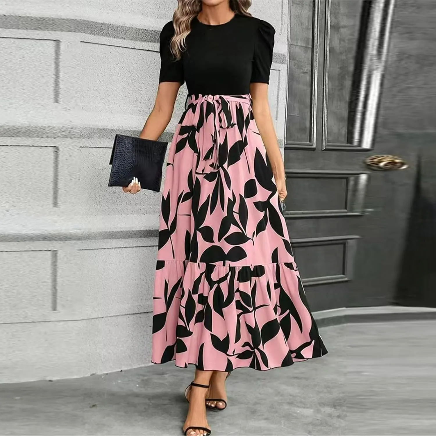 DOPOCQ Plus Size Dresses for Curvy Women Trendy Floral Print Short Sleeve Sundress Summer Ruffle Cocktail Dress with Belt