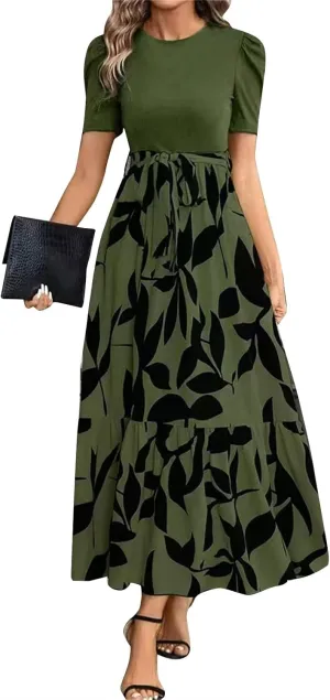 DOPOCQ Plus Size Dresses for Curvy Women Trendy Floral Print Short Sleeve Sundress Summer Ruffle Cocktail Dress with Belt