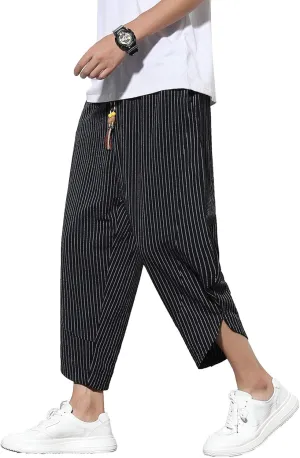 DOSLAVIDA Men's Casual Elastic Waist Linen Capri Pants Wide Leg Baggy Cotton Harem Yoga Trousers Loose Patchwork Shorts