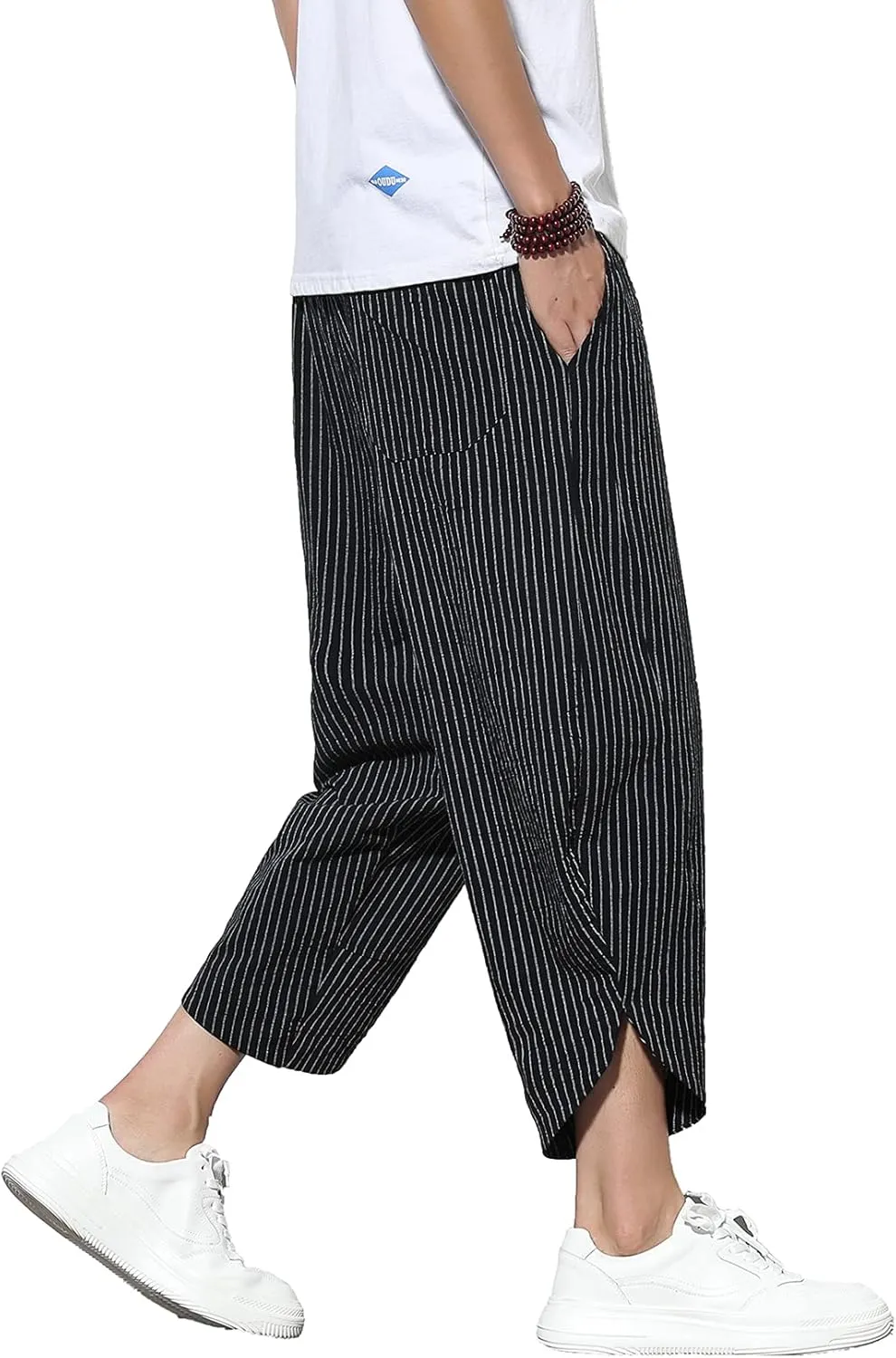 DOSLAVIDA Men's Casual Elastic Waist Linen Capri Pants Wide Leg Baggy Cotton Harem Yoga Trousers Loose Patchwork Shorts