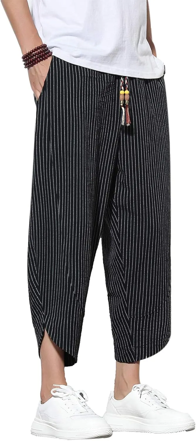 DOSLAVIDA Men's Casual Elastic Waist Linen Capri Pants Wide Leg Baggy Cotton Harem Yoga Trousers Loose Patchwork Shorts