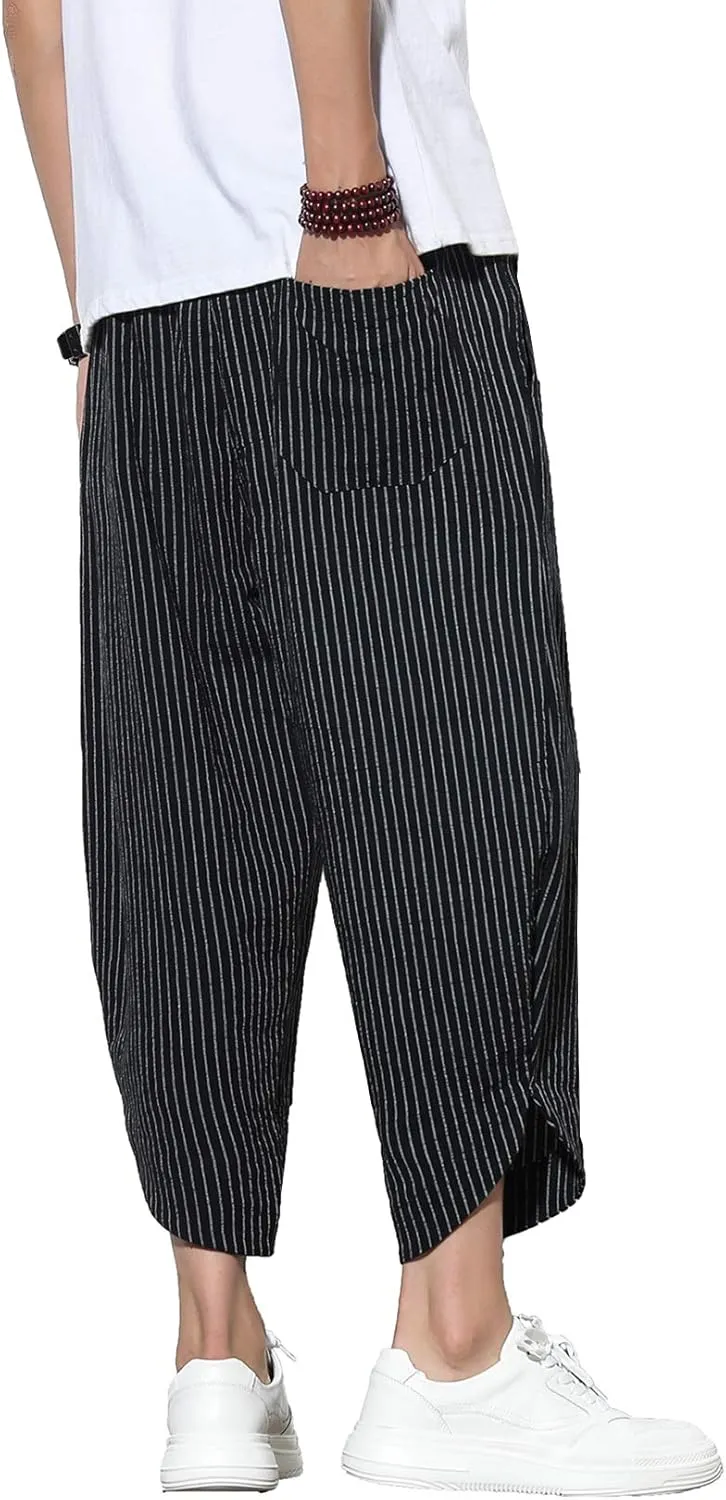DOSLAVIDA Men's Casual Elastic Waist Linen Capri Pants Wide Leg Baggy Cotton Harem Yoga Trousers Loose Patchwork Shorts