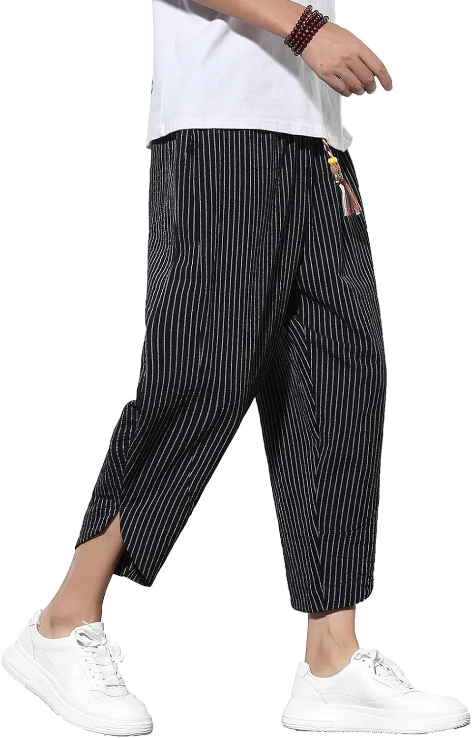 DOSLAVIDA Men's Casual Elastic Waist Linen Capri Pants Wide Leg Baggy Cotton Harem Yoga Trousers Loose Patchwork Shorts