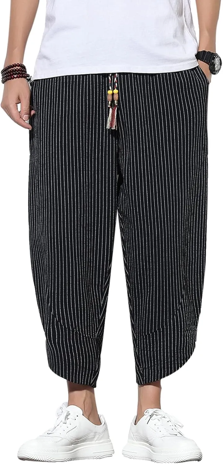 DOSLAVIDA Men's Casual Elastic Waist Linen Capri Pants Wide Leg Baggy Cotton Harem Yoga Trousers Loose Patchwork Shorts